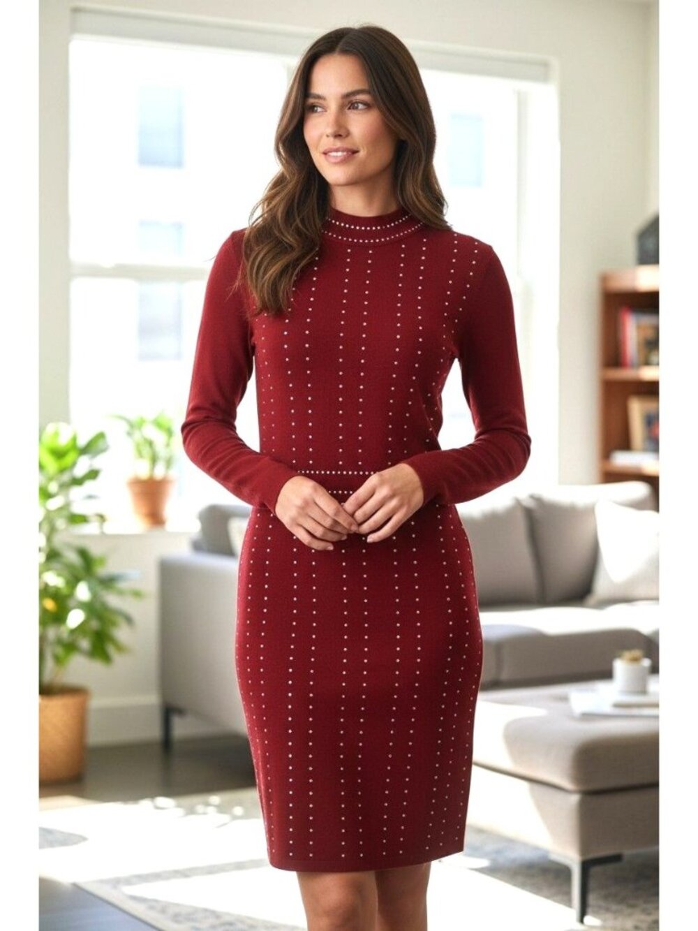 Red Knit Sweater Dress Long Sleeves Rhinestones Crystals Bodycon Sheath Dress XL